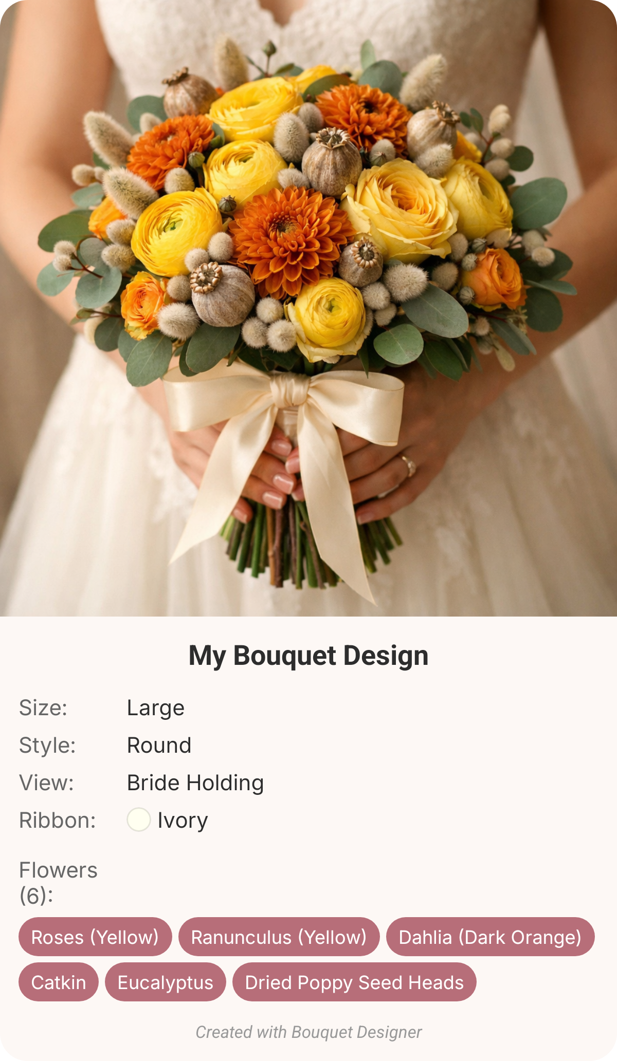 Bride holding a large round bouquet with yellow roses, yellow ranunculus, dark orange dahlias, catkins, eucalyptus and dried poppy seed heads with an ivory ribbon