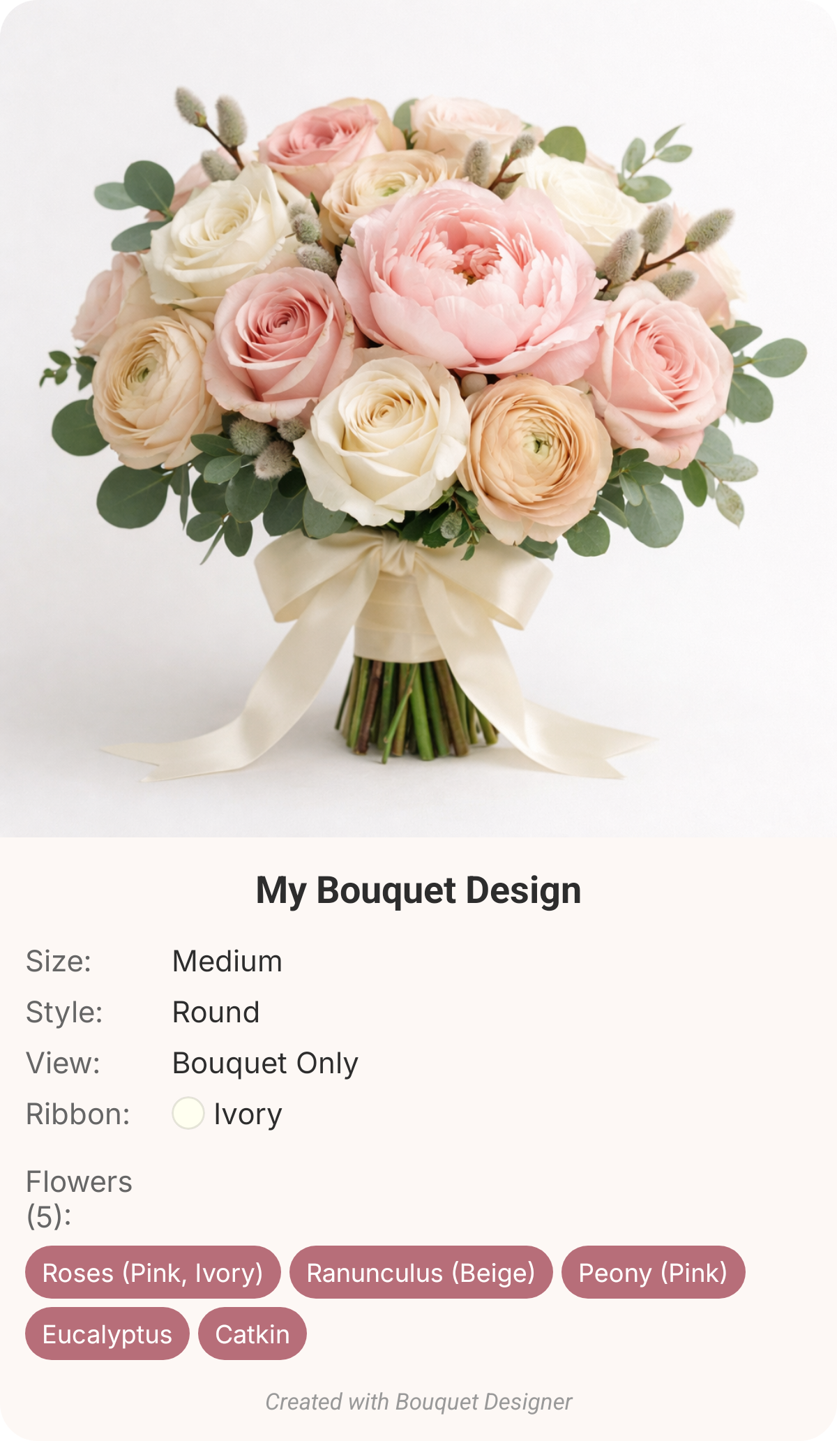 Blush and ivory round bouquet with peonies, roses and eucalyptus